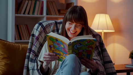 woman reading a children's book at home