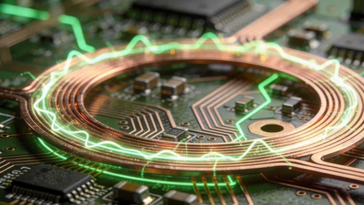 Play starting copper coil filling PCB neon waveform circling it camera moving closer for tech demo