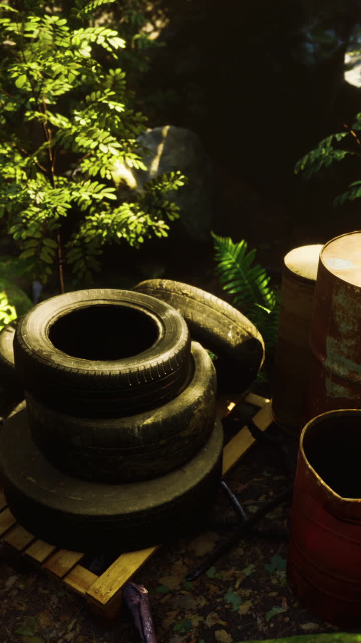 neumáticos viejos y barriles oxidados en un bosque