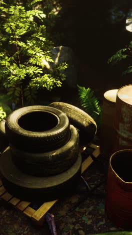 old tires and rusty barrels in a forest