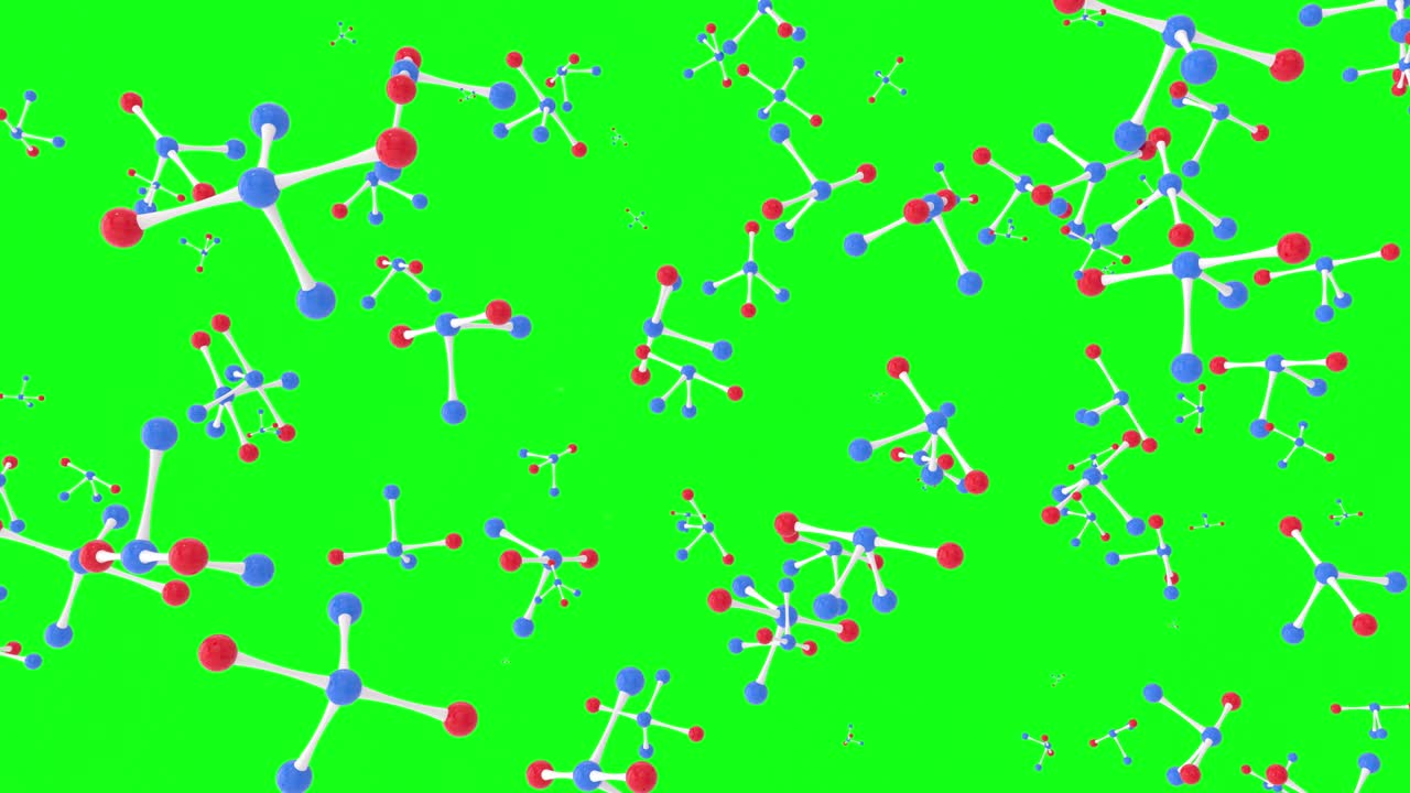 Abstract atoms molecules on green screen. Microscopic view of matter.Used for medical,chemical,biotechnologies and pharmaceutical laboratory. Physics Concept 3D model background animation 4k