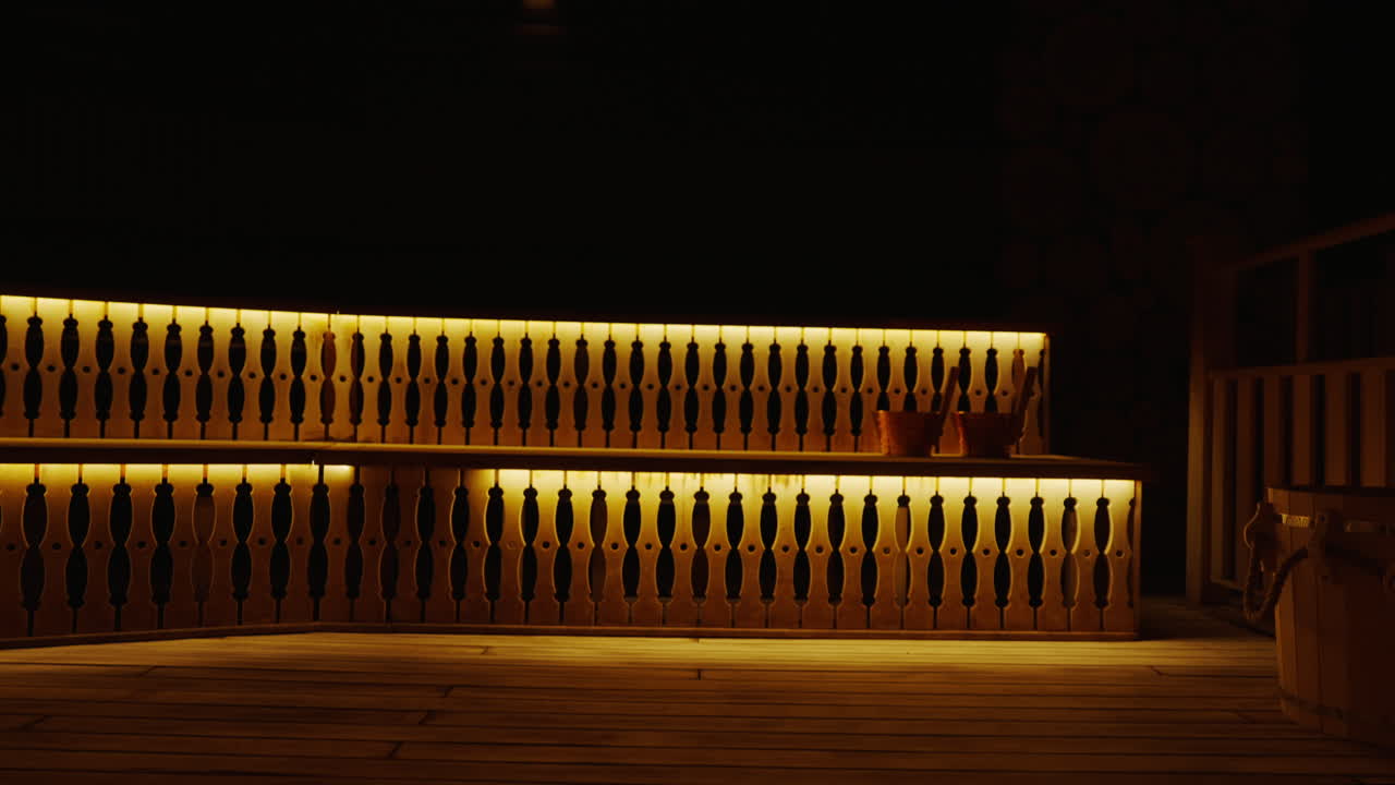 Blurry Interior Space with Warm Lighting and a Wooden Structure