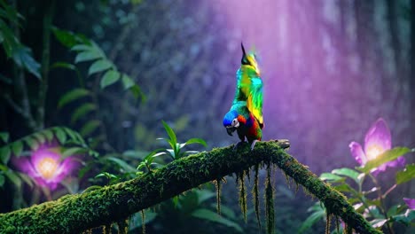 a vibrant bird spreads its wings on a mossy branch in a mystical forest