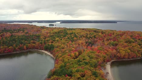 Drone-fly-around-killbear-provincial-park,-biosphere-reserve,-state-park-in-Nobel,-Ontario,-aerial-view-capturing-beautiful-forest-covered-with-dense-white-pine-trees,-pinus-strobus-in-autumn-season