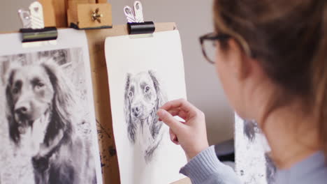 Artista-Adolescente-Sentada-En-Un-Caballete-Dibujando-Un-Perro-A-Partir-De-Una-Fotografía-Con-Carbón