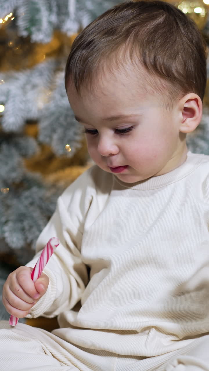 Caucasian baby boy wearing white shirt holding a candy cane. Kid breaks the candy and throws it on the floor. Vertical video