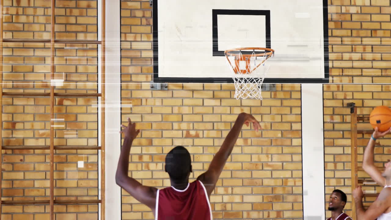 Shooting basketball with animation, player aiming at hoop with blue ball