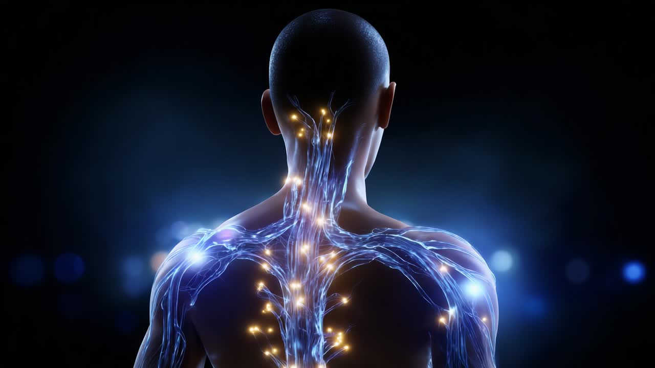 An Intriguing Exploration of Human Anatomy: Depicting the Complex Neural Network of the Spine and Nervous System Illuminated with a Mystical Glow Against a Dark Background