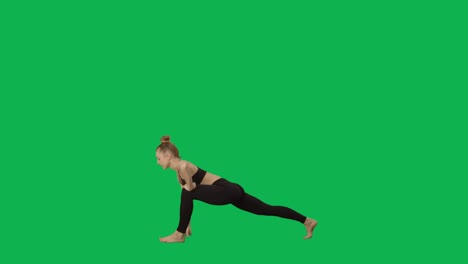 young woman in sportswear doing yoga, stretching the body. workout, fitness for women, aerobics. side view full length on green screen background. slow motion ready 59.94fps