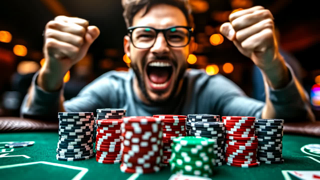 Poker table excitement grows!. A man cheers joyfully at a poker table filled with colorful chips amid a lively casino atmosphere late at night