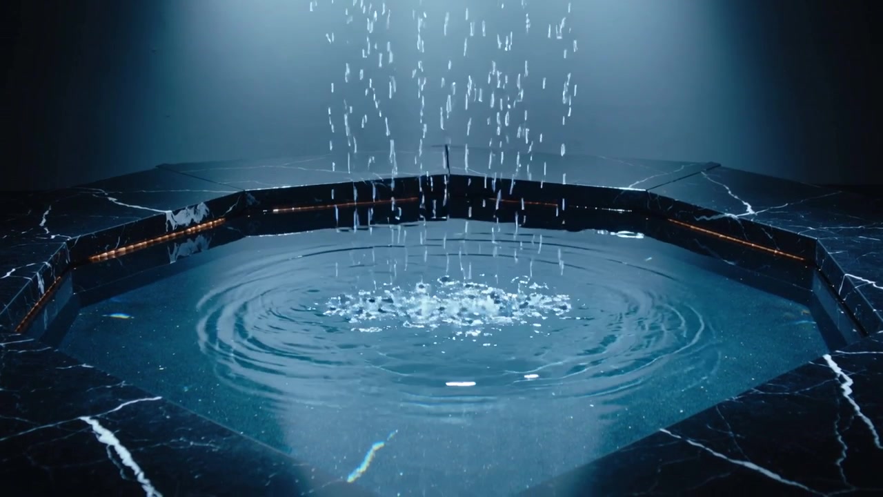 Gocce d'acqua che cadono in un bacino di marmo scuro