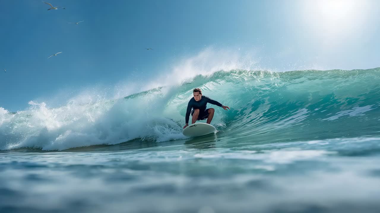 Riding surfer prompted by breaking wave, crouching inside barrel at point on longboard in wetsuit