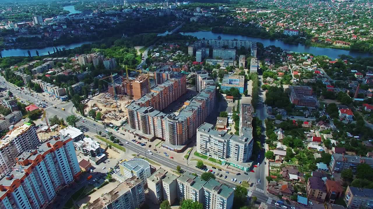 Complex of apartment buildings. Aerial view of modern apartment in the middel of the town