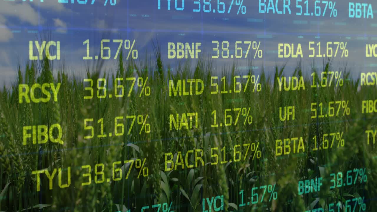 Alphanumeric overlay updating and scrolling over crop field, triggered by data to show yield trends