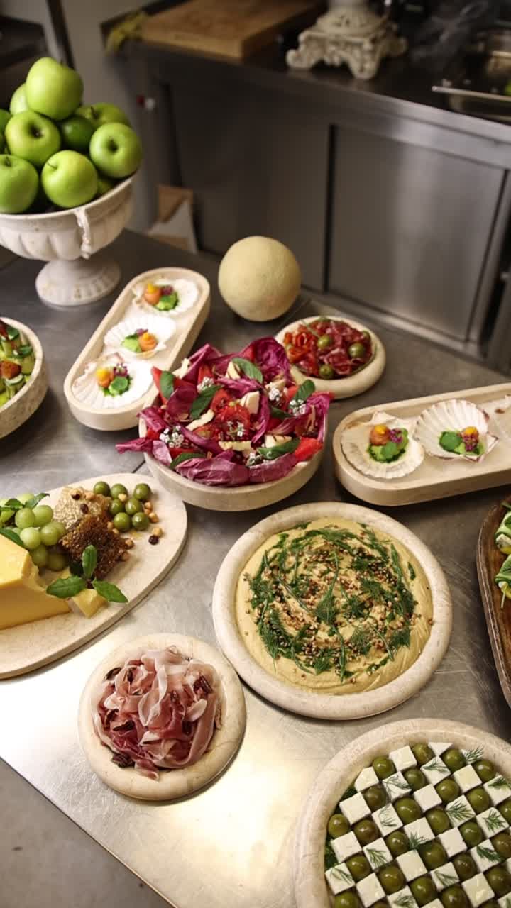 Allestimento gastronomico gourmet con vari antipasti e piatti su un bancone