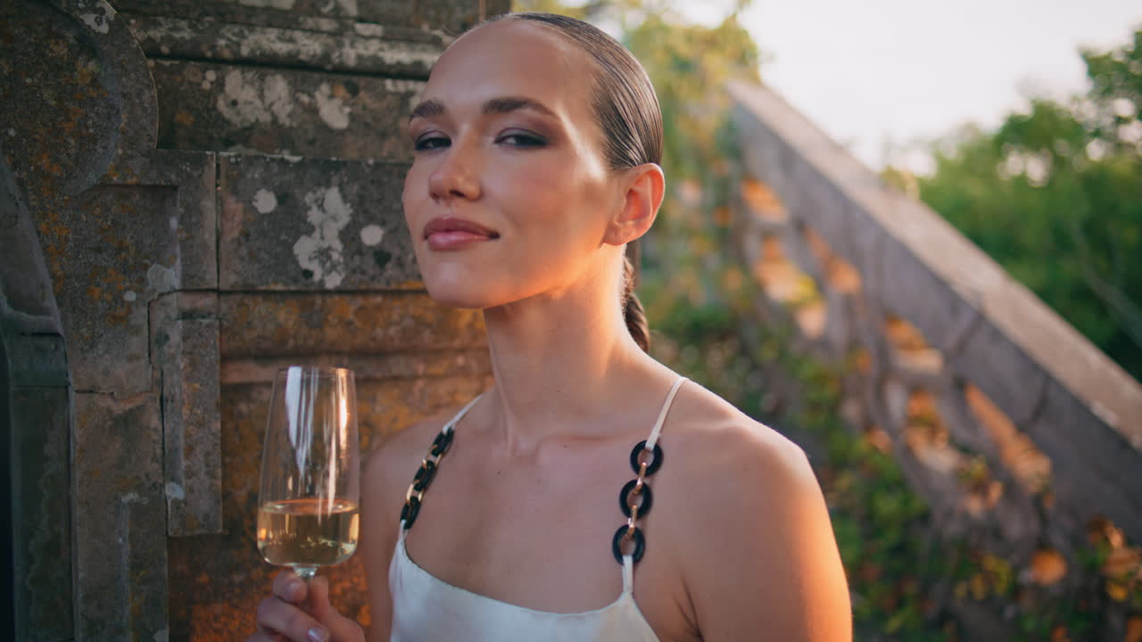 Relaxed girl drinking wine from glass goblet at old building staircase close up.
