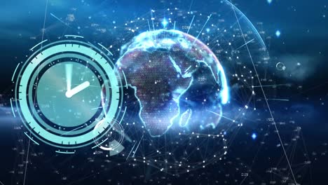 animation of globe and network of connections over clock moving fast