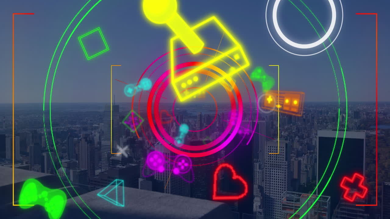 анимация обработки данных с помощью икон, городского пейзажа и соединений.