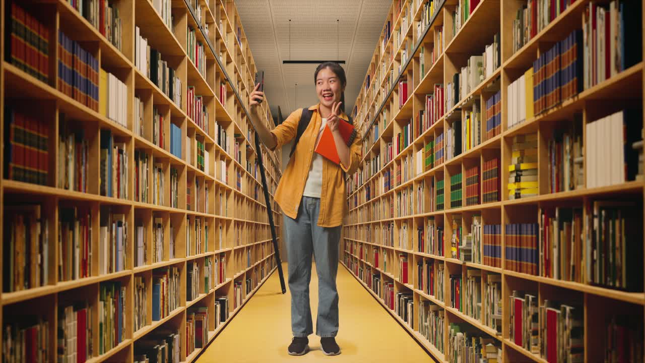 cuerpo lleno de estudiante mujer asiática con una mochila y algunos libros tomando fotos en el teléfono inteligente mientras estaba de pie en la biblioteca