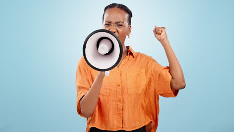 Woman,-protest-and-face-with-megaphone-in-studio