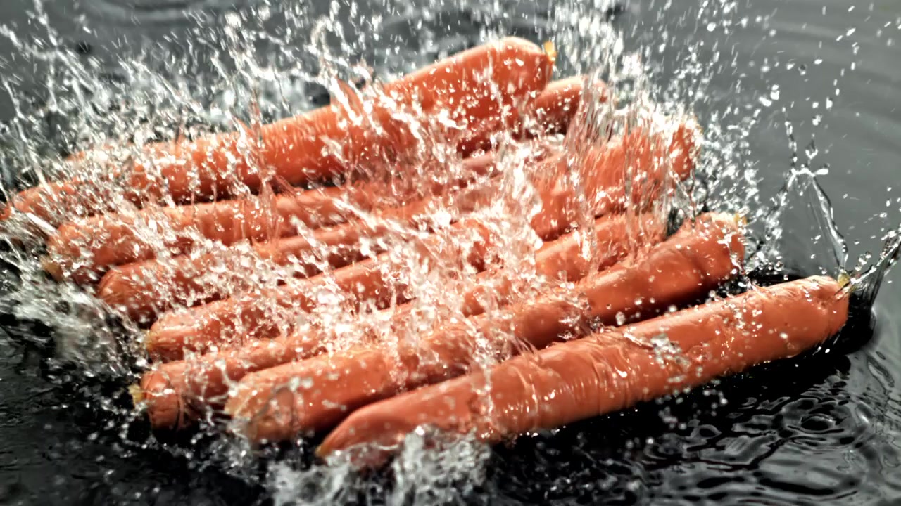 Hotdogs falder ned i vand med plask i slow motion.