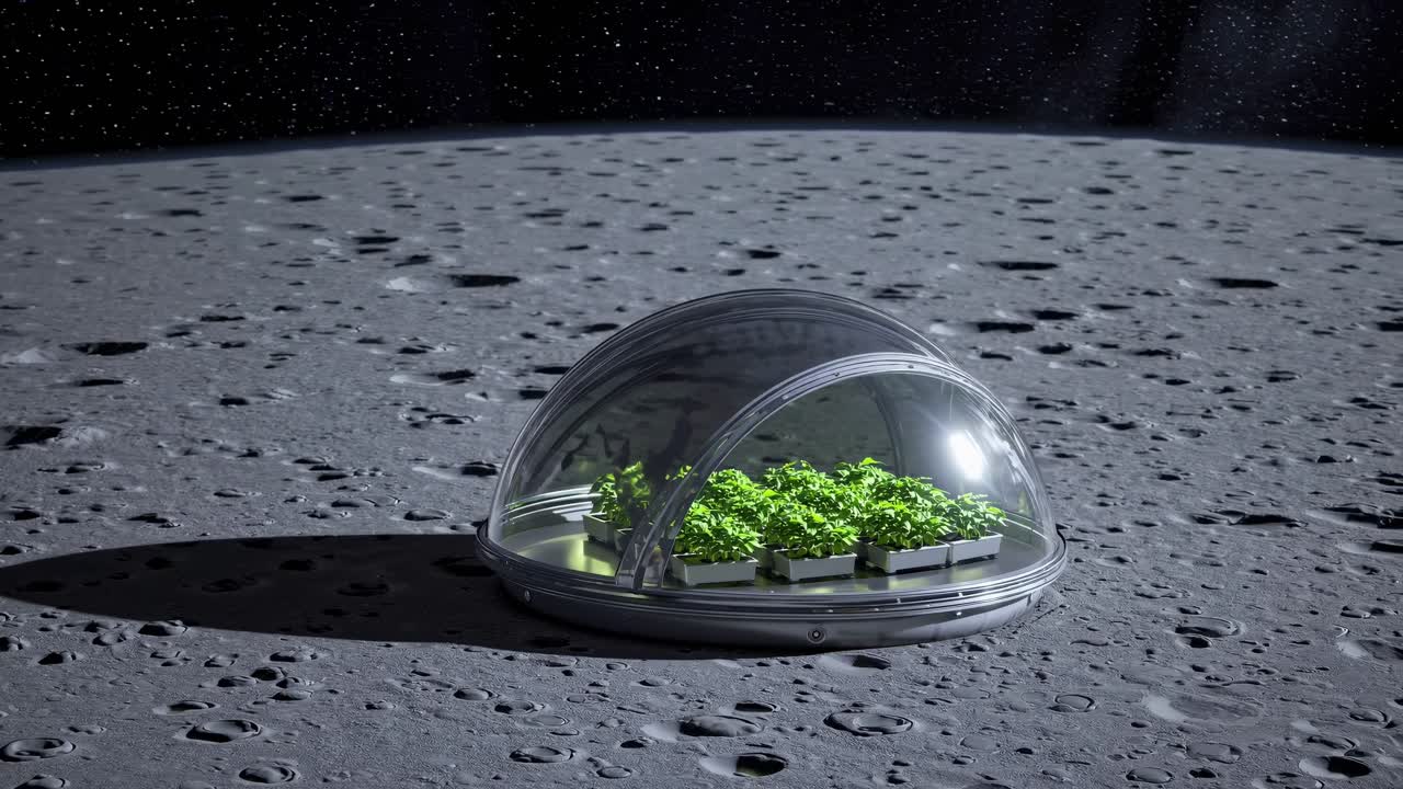 Plants growing inside a transparent dome on the Moon surface, representing the concept of space colonization and sustainable agriculture in extraterrestrial environments