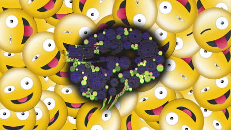 animación digital del efecto glitch sobre el icono del cerebro humano contra contra múltiples emojis de caras tontas