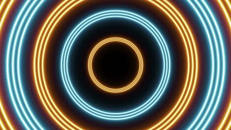 grupo de círculos anaranjados y azules animación en un fondo oscuro. abstracto sin costuras en bucle vuelo futurista en túnel gráfico de movimiento