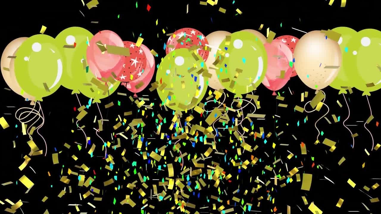 animación de globos coloridos que vuelan y caen confeti sobre un fondo negro