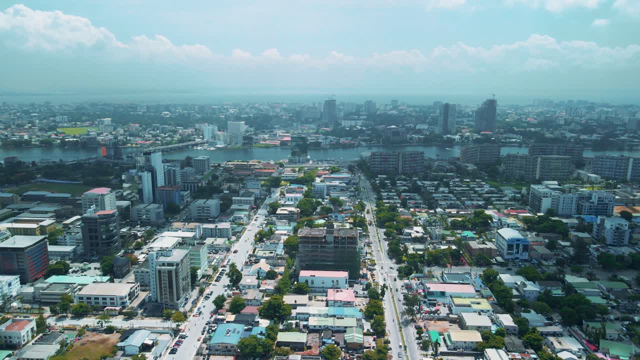 Victoria Island Lagos, Nigeria - 24 June 2021: Drone view of major roads and traffic in Victoria Island Lagos showing the cityscape, offices and residential buildings.