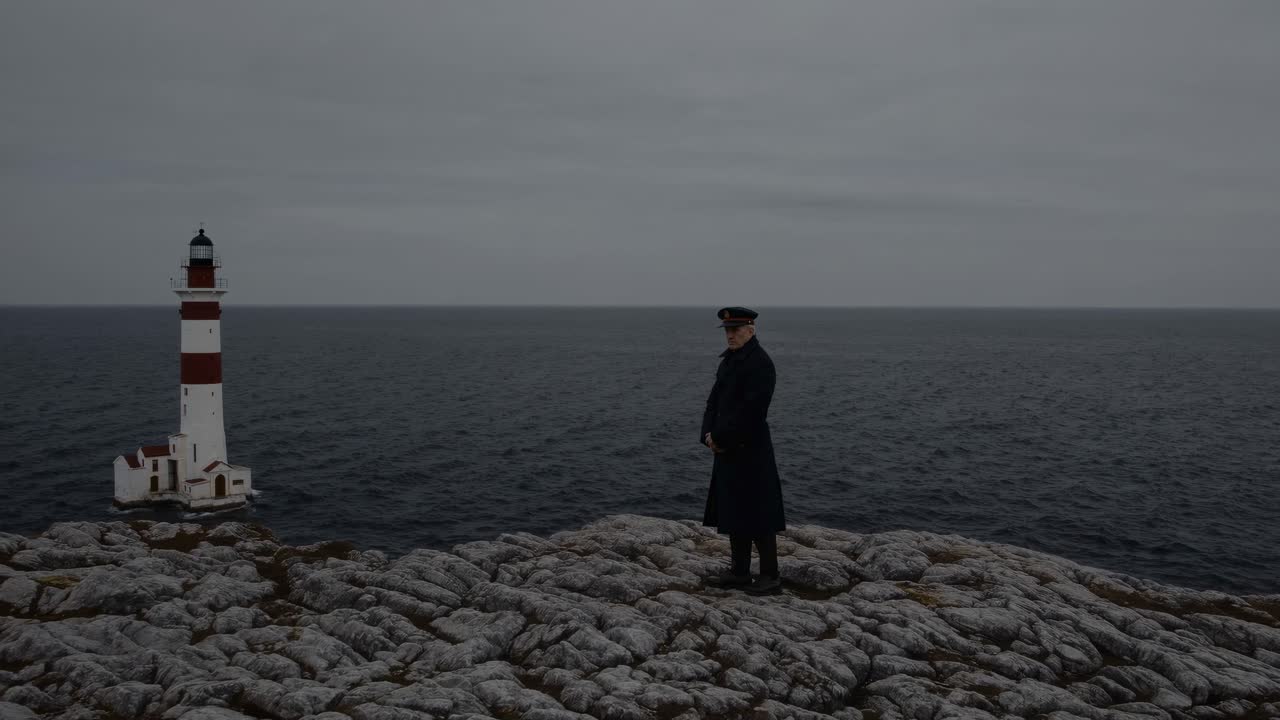 Navy officer stands on a rocky coast, contemplating a solitary lighthouse in the distance, under a cloudy sky, evoking a sense of duty, solitude, and the maritime world