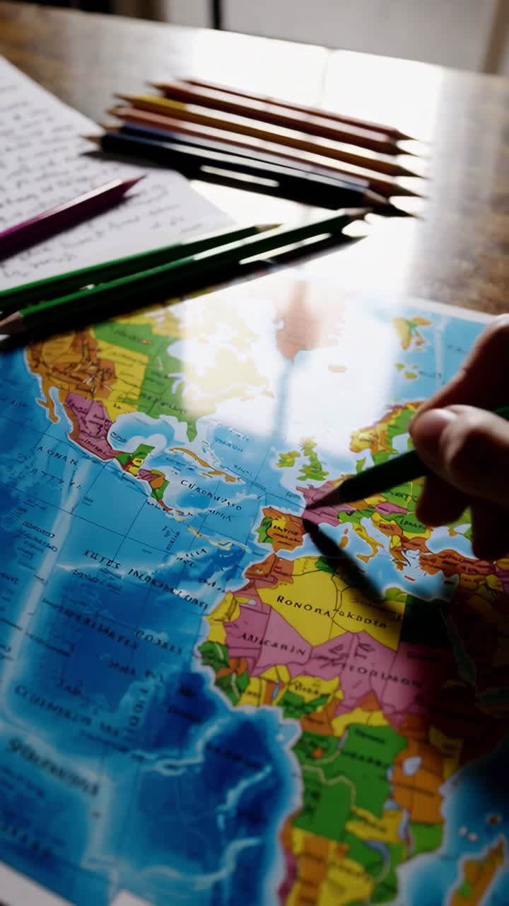 World Map and Colored Pencils on a Desk