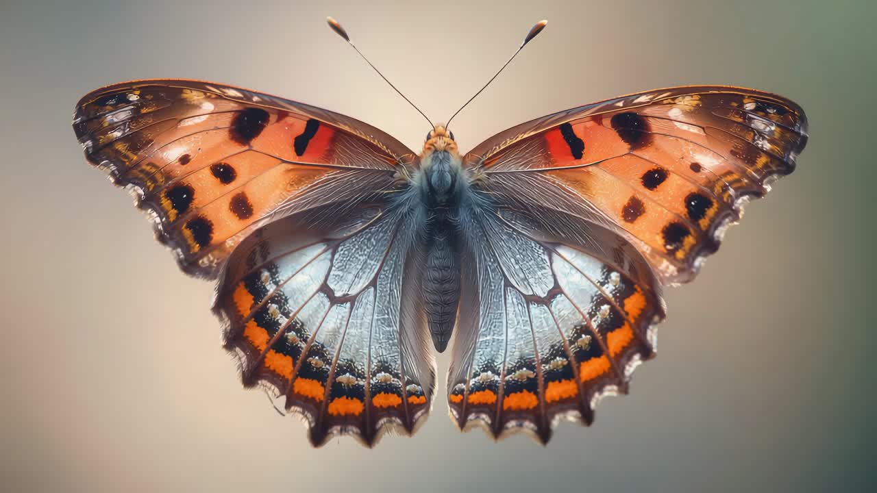 Primo piano macro di una farfalla che sbatte le ali, mentre regola la posizione delle ali dopo uno spasmo. Antenne visibili