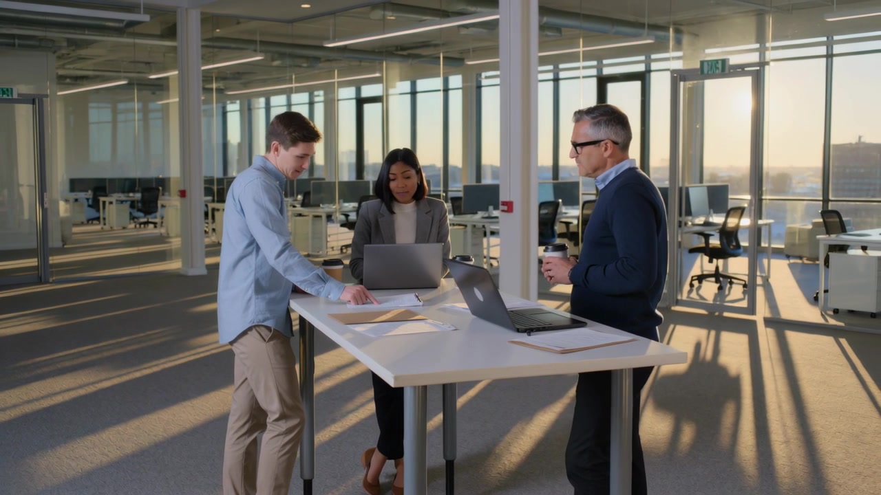 Pointing left male in blue shirt leading team at office table with papers, laptops