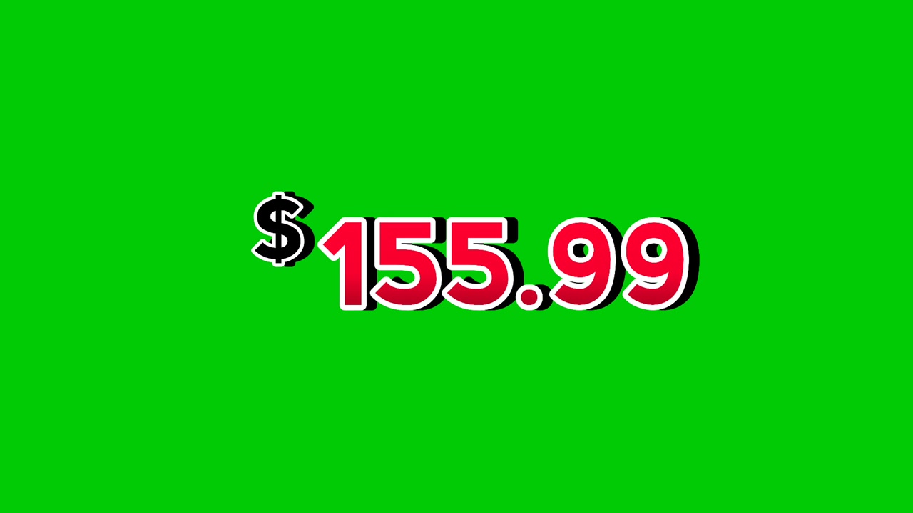 Animation red $155.99 dollars price tag motion graphics with smoke effects on green screen background. Perfect for ads, e-commerce, retail, discounts, and promo videos business concept video element