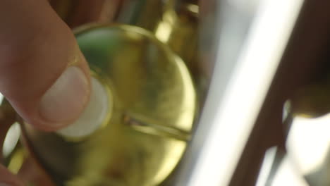 close-up of a hand pressing a key on a brass musical instrument