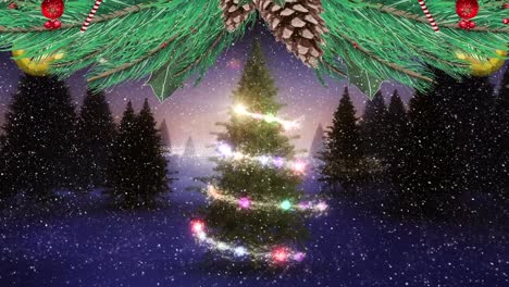 Animation-Von-Schnee-Und-Sternen,-Die-über-Den-Weihnachtsbaum-Fallen,-Und-Weihnachtsdekoration-In-Der-Winterlandschaft