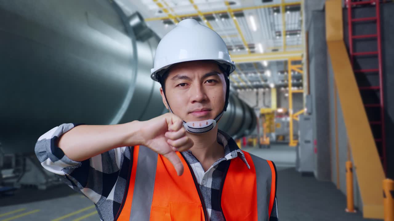 안전 헬을 입은 아시아 남성 엔지니어가 파이프 제조 공장에서 엄지손가락을 내려놓고 머리를 흔들고 있다.