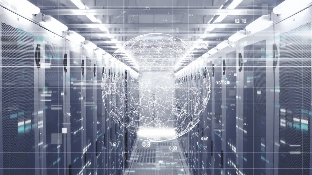 Animation of globe and data processing over computer servers