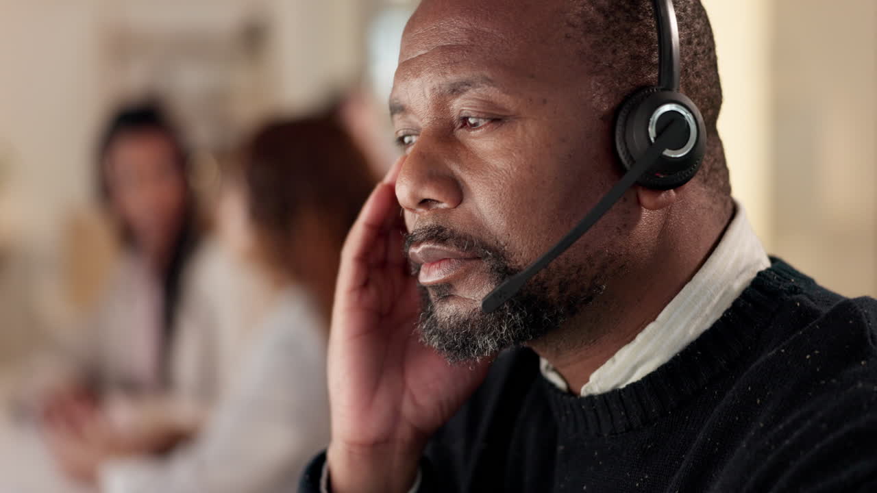 Headache, call center and a man with a headset