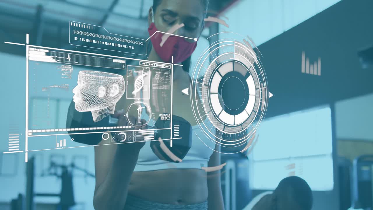 animación de estadísticas flotantes y gráficos sobre una mujer caucásica que usa una máscara facial entrenando