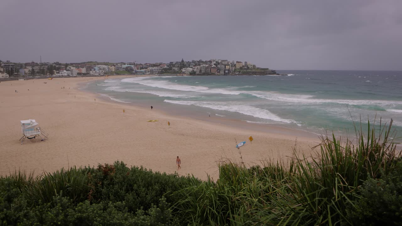 View looking North from South Bondi Beach on a rainy day, Sydney, Australia