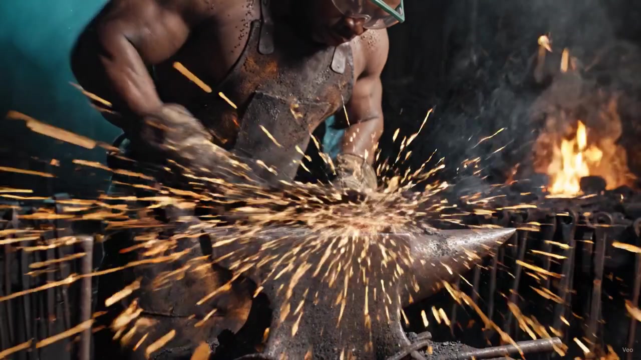 L'arte della forgiatura: un fabbro modella magistralmente il metallo su un'incudine in una fucina scarsamente illuminata, con scintille che volano e creando opere d'arte da materie prime.