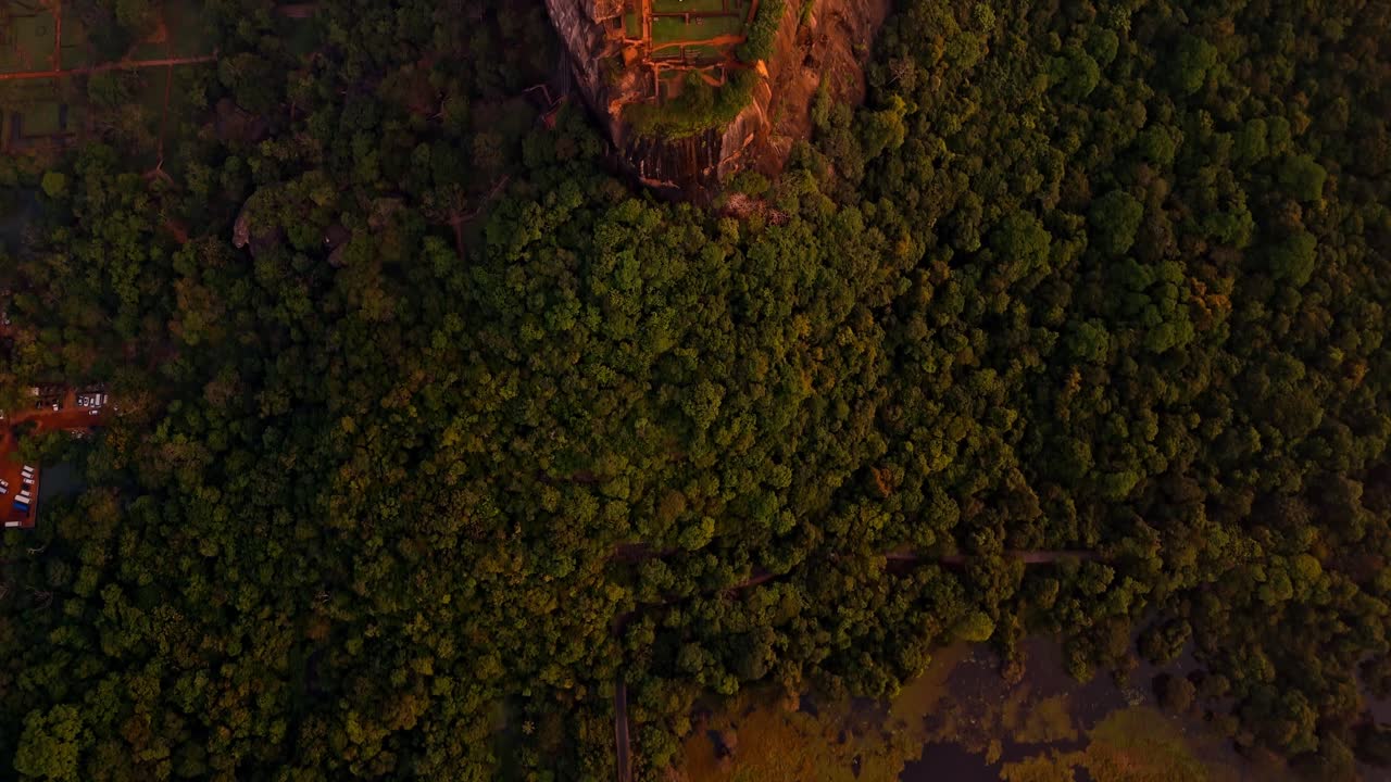 A peaceful sunrise vertical drone shot of Sigiriya Rock rising above the dense Sri Lankan jungle, with a calm lake reflecting the first light of day.