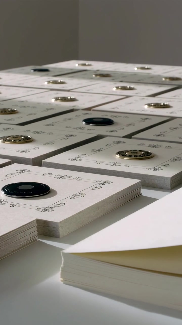 Vertical video: Panning camera showing white cards on tabletop, lifting paper corner to show studs