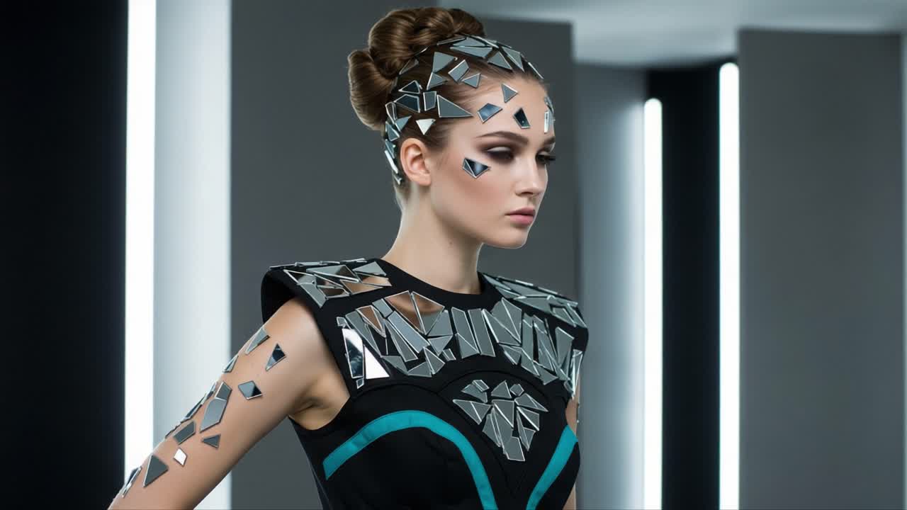 A Futuristic Fashion Showcase Featuring a Model Adorned with Reflective Mirrors and Dynamic Patterns, Captivating an Artistic and Modern Approach to Style