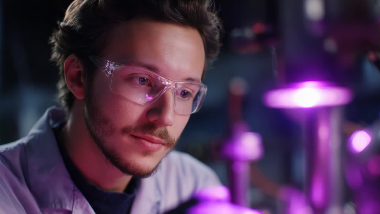 Young Scientist Engaged in Research: Exploring Complex Chemical Reactions Under Laboratory Conditions with Focus on Innovative Techniques and Advanced Equipment in a Vivid Pink Glow