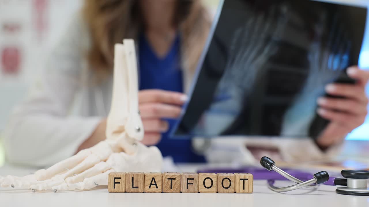 Cubetti di legno compongono la parola piede piatto vicino a un modello anatomico di piede da un medico.