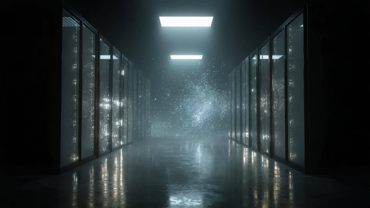 A Mysterious Corridor of High-Tech Server Racks Illuminated by Soft Glows, Creating a Fantastical Scene of Light and Shadows in a Darkened Digital Environment