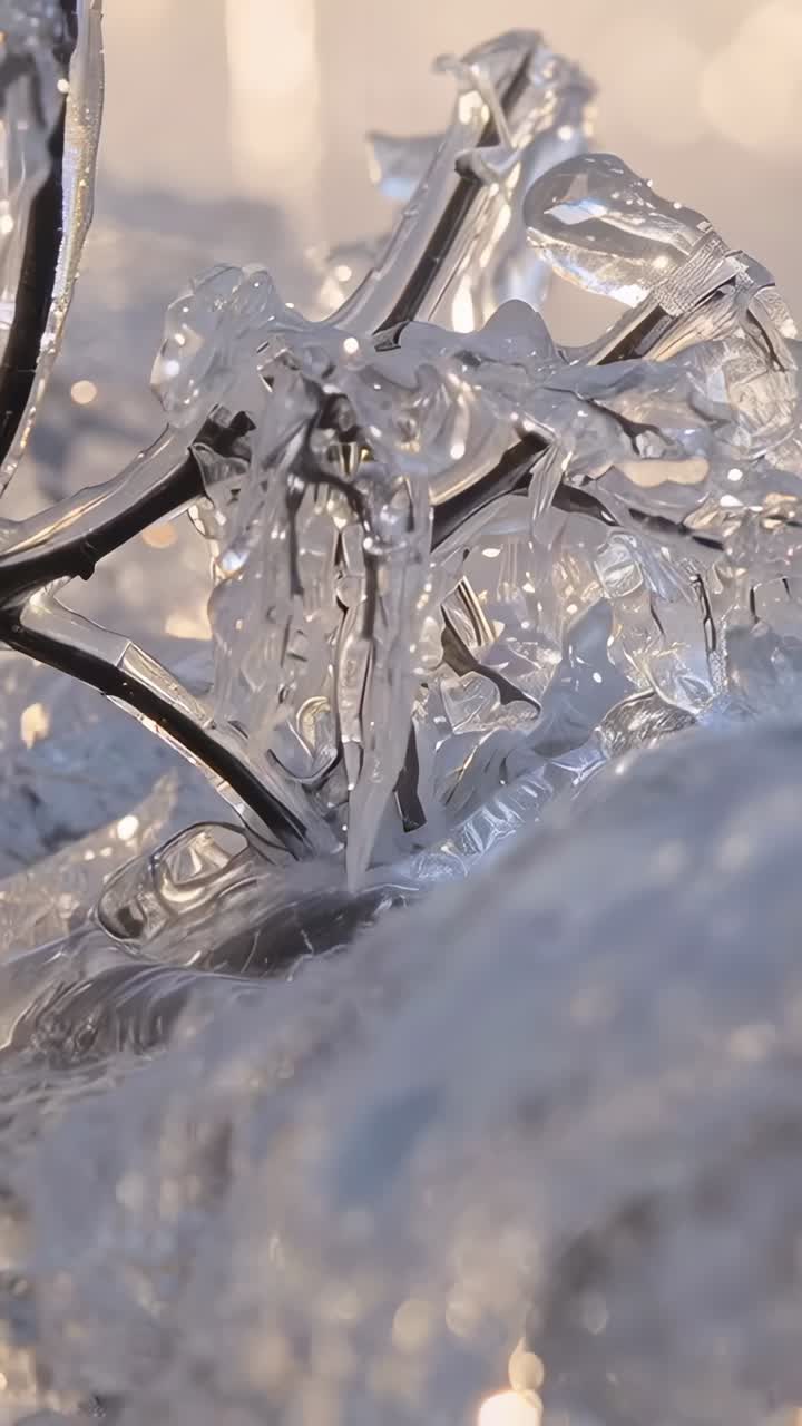 Video verticale: scioglimento di ghiaccio e ghiaccioli su un ramo esposto al sole caldo, con una singola goccia che cade e bokeh di neve